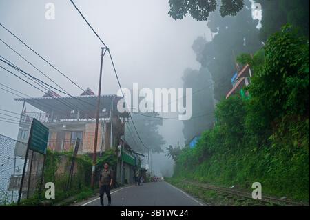 Kurseong, Bengale occidental, Inde - 10 août 2023 : maisons et une route en béton passant par les montagnes de l'Himalaya et la forêt verdoyante. Pittoresque naturel b Banque D'Images