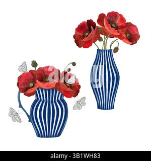 Fleur botanique florale de coquelicot rouge dans un vase en céramique bleu et blanc à rayures, entouré de papillons, élément d'illustration de coquelicot isolé, pop rouge Banque D'Images
