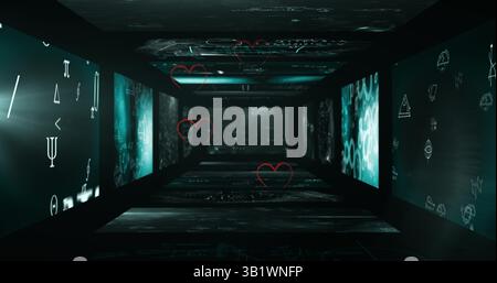 Plusieurs icônes de cœur flottant contre plusieurs écrans avec traitement des données Banque D'Images