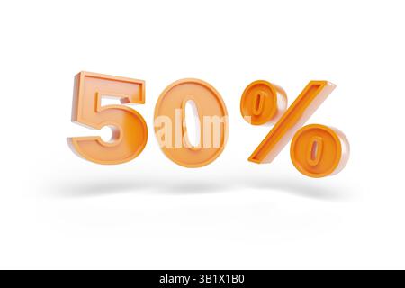 50 pour cent en trois dimensions isolé sur fond blanc. Illustration 3D. Banque D'Images