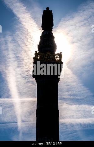 Colonne du congrès à bruxelles surmontée du roi Léopold Ier en contre-jour dans la lumière du printemps | colonne du Congrès à Bruxelles surmontée de Ki Banque D'Images