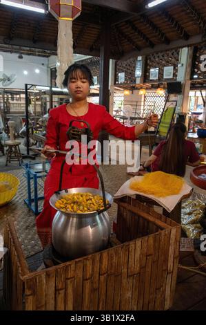Après le cocon des vers à soie, ils sont généralement bouillis vivants ou cuits au « Thai Silk Village » situé à Ban Sanuan Nok, un village voisin Banque D'Images