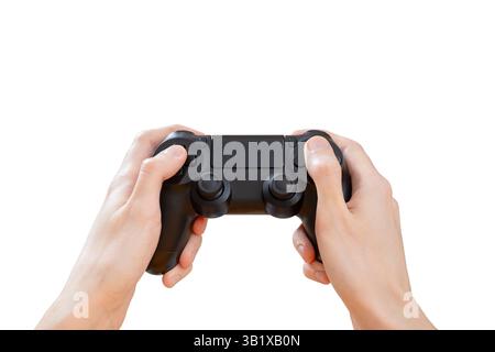 Mains saisit un contrôleur de jeu vidéo noir, isolé sur fond blanc propre, élément de découpe Banque D'Images