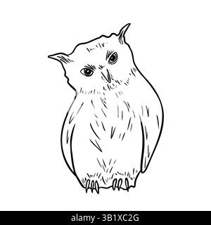 Hibou des neiges dessiné à la main noir blanc illustration vectorielle. Dessin monochrome hibou aigle pour la conception rustique d'hiver et de Noël. Oiseau de nuit animal forestier Illustration de Vecteur