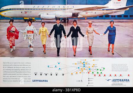 Une publicité de 1962 dans un magazine à double page pour Lufthansa German Airlines. Banque D'Images