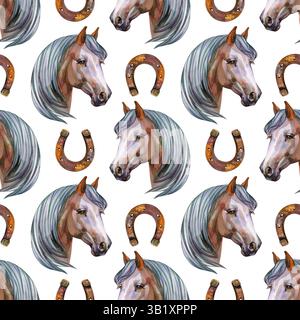 Modèle sans couture avec chevaux et fers à cheval. Imprimer avec des animaux de ferme Banque D'Images