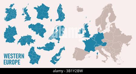 Carte de l'Europe occidentale. Inclut l'Allemagne, les pays-Bas, la Belgique, le Luxembourg, l'Autriche, Suisse, France, Monaco, Liechtenstein, avec division régionale Illustration de Vecteur