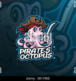 vecteur de conception de logo de mascotte de poulpe pirates avec style de concept d'illustration moderne pour l'impression de badge, d'emblème et de t-shirt. illustration de pieuvre intelligente. Illustration de Vecteur