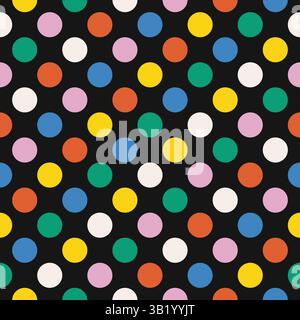 Motif à pois sans couture avec des cercles colorés sur fond noir. Conception vectorielle géométrique dans un style moderne. Illustration de haute qualité avec rétro AE Illustration de Vecteur