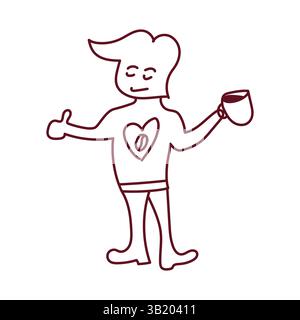 Adorable mascotte homme amoureux du café tenant une tasse vapeur et donnant les pouces pour un bon café, portant un motif de t-shirt coeur et café Bean. Illustration de Vecteur