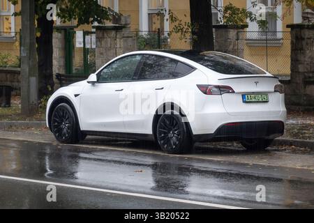 TOKAJ, HONGRIE - 27 OCTOBRE 2023 : Blanc Tesla Model y SUV électrique avec plaque d'immatriculation verte hongroise EV, vue arrière Banque D'Images