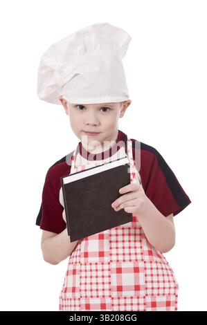 Chef enfant écrivant quelque chose d'isolé sur fond blanc Banque D'Images