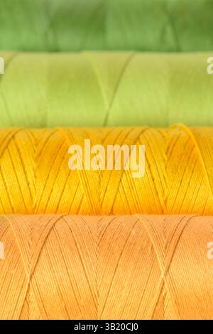 Bobines de couleur jaune vert orange de fils à coudre multicolore Banque D'Images