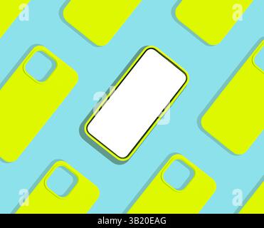 Maquette de téléphone avec de nombreux smartphones disposés selon un motif répétitif, affichant des cadres propres et vides. Un design lumineux et moderne avec des tons verts et bleus, Banque D'Images
