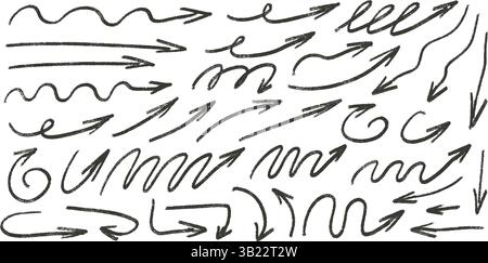 Flèches dessinées à la main. Pointeurs minces droits et courbés griffonner des éléments. Traceurs de flèche à main levée Scribble illustration vectorielle au crayon. Craie grunge Illustration de Vecteur