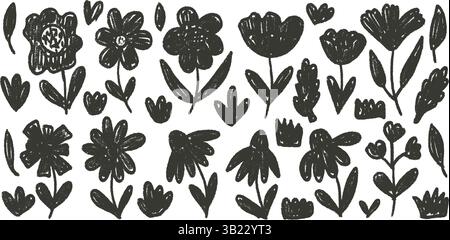 Ensemble de fleurs dessinées au fusain. Doodle floral naïf isolé sur fond blanc. Marguerite, coquelicot, herbe, laisse des éléments de croquis noirs. Style enfantin de vecteur Illustration de Vecteur