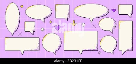 Jeu de bulles de dialogue Pixel art. boîtes de texte 8 bits avec des coeurs, des flèches et des étincelles. Cadres de discussion rectangulaires et ronds y2k avec tramage du bruit. Boîte de dialogue rétro Illustration de Vecteur