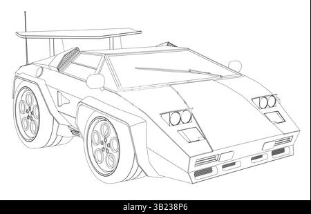 Une voiture de dessin animé avec un long capot et un long empattement. La voiture est dessinée en noir et blanc Illustration de Vecteur