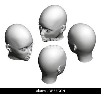 Quatre têtes de vues différentes sont affichées dans une rangée, chacune avec la même expression. Les têtes sont toutes blanches et semblent être générées par ordinateur. La scène en est une Illustration de Vecteur
