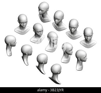 Une collection de têtes blanches dans une grille. Les têtes sont toutes de tailles et de formes différentes. Concept d'uniformité et d'ordre, comme les têtes sont disposées en un n Illustration de Vecteur