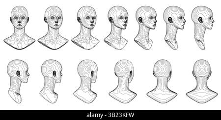 Une série de dessins en noir et blanc de têtes humaines. Les dessins sont tous de la même taille et sont alignés les uns à côté des autres. Les dessins sont tous des Illustration de Vecteur