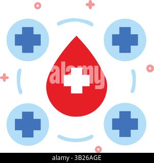 Vecteur, icône de goutte de sang rouge avec croix médicale et symboles bleus Illustration de Vecteur