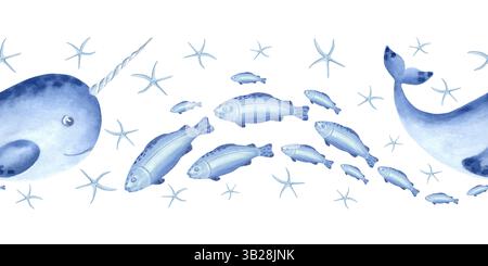 Narwhale et Flock poisson bleu avec Starfish bordure sans couture aquarelle pour les conceptions d'enfants. Illustration isolée dessinée à la main d'un animal marin mignon Banque D'Images