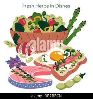 Les herbes fraîches renforcent l'attrait de divers plats. Cette illustration présente un affichage vibrant d'une salade, d'œufs sur pain grillé, de fruits de mer et d'autres ingrédients, reflétant un mode de vie sain et une créativité culinaire. Illustration de Vecteur