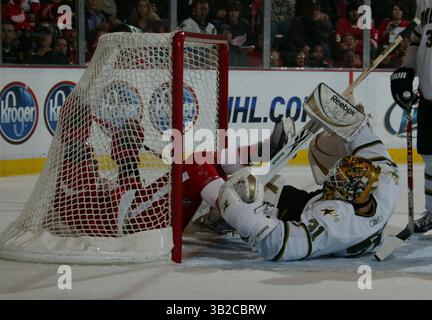 Detroit Red Wings Brad May se fait trébucher dans un crash sur le gardien des Dallas Stars Alex Auld en 2e période à Detroit, mi le mercredi 18 novembre 2009. JULIAN H. GONZALEZ/Detroit Free Press (crédit image : © Detroit Free Press/ZUMApress.com) Banque D'Images