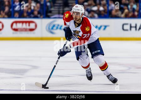 14 novembre 2015 : le centre des Panthers de la Floride Brandon Pirri #73 patine vers le gardien du Lightning de Tampa Bay Ben Bishop #30 avec un tir de pénalité en 2e période du match entre le Lightning de Tampa Bay et les Panthers de la Floride à l'Amalie Arena à Tampa, FL crédit image : Del Mecum CSM (crédit image : © Del Mecum/CSM via ZUMA Wire) Banque D'Images