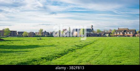 Vue panoramique sur le village de Waarder au milieu de champs verdoyants dans la province de Zuid-Holland, pays-Bas. Banque D'Images