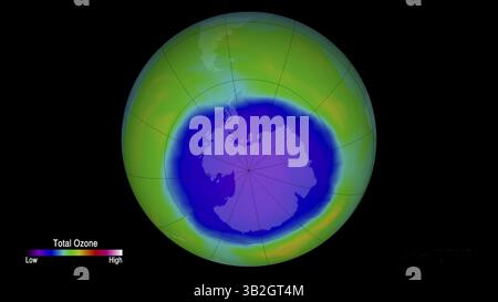27 octobre 2015 - EARTH Antarctica -- 30 octobre 2015 -- la zone de trou d'ozone antarctique de 2015 était plus grande et s'est formée plus tard que ces dernières années, ont déclaré des scientifiques de la NASA et de la National Oceanic and Atmospheric Administration (NOAA) le 29 octobre 2015. Cette image en fausses couleurs montre les concentrations d'ozone au-dessus de l'Antarctique. Le 2 octobre 2015, le trou d'ozone s'est étendu à son sommet de 28,2 millions de kilomètres carrés (10,9 millions de milles carrés), une superficie plus grande que le continent nord-américain. Tout au long du mois d'octobre, le trou est resté grand et a établi de nombreux records quotidiens de la région. Température exceptionnellement froide et faible Banque D'Images