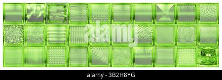 Mur de bloc de verre vert transparent pour la décoration intérieure. Assortiment de bâtiments pour la maison, la salle de bains et le bureau. Banque D'Images