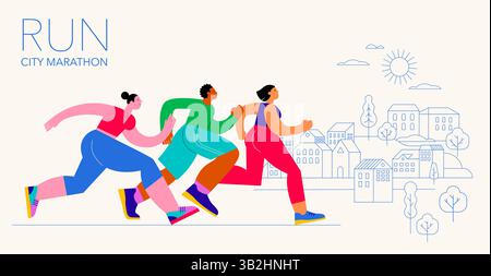 Figurines de coureurs abstraites. Illustration colorée d'un groupe de personnes, hommes et femmes, marathon en cours d'exécution ensemble Illustration de Vecteur