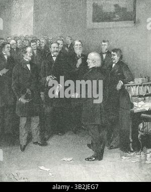 La légende de la fin des années 1800 se lit comme suit : M.R. Greeley, recevant le Comité démocrate, qui l'a informé de sa nomination au Lincoln Club House. Le M.R. J Lee Carroll du Maryland raconte que lorsque les discours des deux côtés ont pris fin, et que le M.R. Greeley avait invité toutes les personnes présentes à lui rendre visite à Chappaqua, un membre du groupe a demandé s’il y avait « des serpents là-bas ». Rapidement comme un éclair, M. Greeley a répondu : « Oh, oui, quelques cuivres, mais ils sont tout à fait inoffensifs. » Greeley était le nouveau libéral Banque D'Images