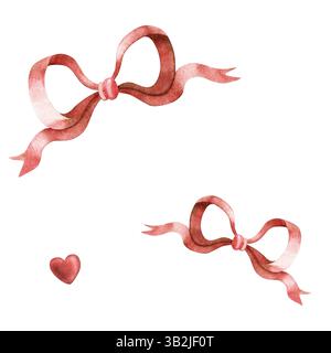 Noeuds rouges et minuscules coeurs écarlate sans couture de Saint-Valentin. Texture aquarelle romantique vintage mignonne. Imprimé amour parfait pour un emballage romantique Banque D'Images