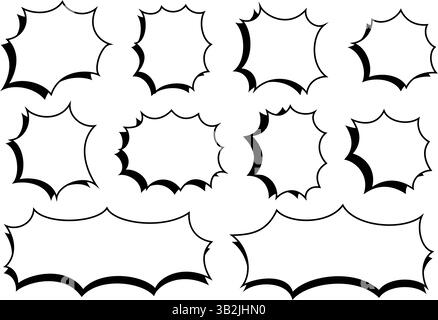 Ensemble de bulles de discours vides dans le style manga. Cadres de dialogue de dessin animé. Boîtes de texte vides, ballons de message, emphase, bang ou explosion effets comiques pour la page de livre anime. Illustration graphique vectorielle. Illustration de Vecteur