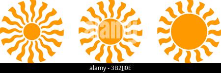 Ensemble de silhouettes groovy soleil ou de fleurs de Marguerite isolées sur fond. Panneaux Sunburst, Sunshine ou Sunlight. Symboles du thème de l'été. Pictogrammes modernes de vibrations positives. Illustration vectorielle plate. Illustration de Vecteur