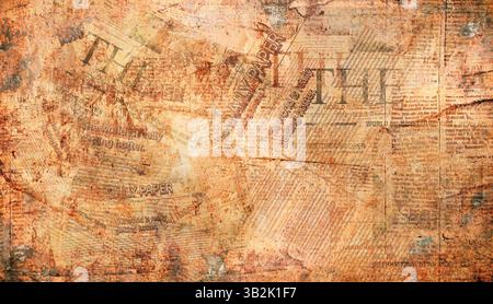 Vieux fond de journal, texture d'impression de nouvelles grunge brune, motif de papier peint vintage, conception d'affiche vintage. Vieux texte de papier journal grunge froissé Banque D'Images