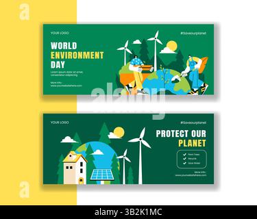 Modèle de dessin animé plat pour la campagne de bannières horizontales de la Journée mondiale de l'environnement Illustration de Vecteur