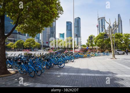 Shanghai, Chine - 1er avril 2025 : journée ensoleillée à Pudong avec des vélos de location colorés garés près des arbres sur un horizon futuriste avec Oriental Pearl T. Banque D'Images