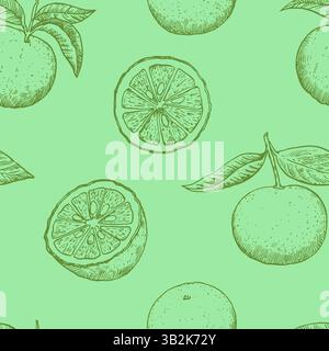 Modèle sans couture avec des fruits de yuzu dans le style de gravure. Illustration vectorielle monochrome. Illustration de Vecteur