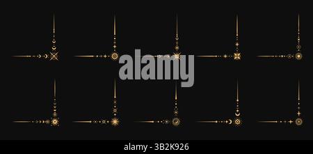 Coins de frontière ésotériques magiques célestes. Ensemble vectoriel de cadres d'angle Boho, décoration d'espace élégante avec des embellissements stellaires. Décoratif doré co Illustration de Vecteur