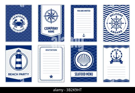 Invitations marines nautiques et modèles. Ensemble vectoriel de cartes d'invitation bleu marine et blanc avec des icônes maritimes comme l'ancre, le phare, le volant Illustration de Vecteur