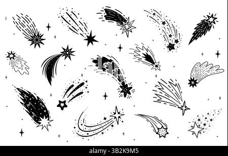 Doodle tir des étoiles de l'espace avec des traînées, des météores et des silhouettes de comètes tombant. Galaxie cosmique tracée à la main traces de météorite monochrome isolé Illustration de Vecteur