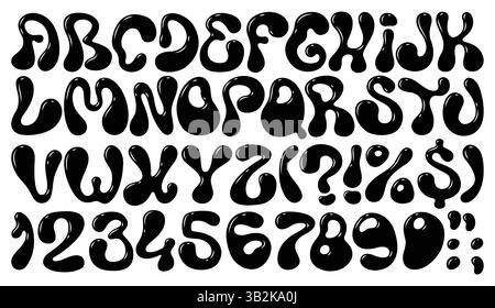 Police Liquid Bubble, police ondulée groovy, type funky y2k alphabet de lettres et de chiffres de blob noir fluide vectoriel. Encre de dessin animé ou bulle liquide de peinture f Illustration de Vecteur