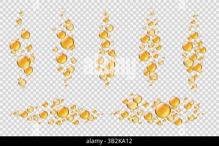 Bulles d'huile jaune de collagène sérique réaliste. Gouttes brillantes de vecteur 3d isolées avec du liquide d'or, des pilules cosmétiques ou des capsules. Essence vitaminique huileuse pétillante Illustration de Vecteur