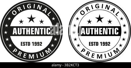 badge vintage rond avec texte authentique, qualité originale premium, étoiles, estd 1992, design noir et blanc, idéal pour étiquette, timbre ou certification Illustration de Vecteur