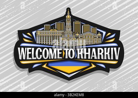 Logo vectoriel pour Kharkiv, étiquette décorative sombre avec illustration de ligne détaillée du paysage urbain de kharkiv sur fond de ciel nocturne, refri de conception d'art Illustration de Vecteur