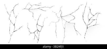 Ensemble de vecteurs de texture de surface fissurée - bords irréguliers, fragments effrayant, sol fissuré. Formes de rift sismiques, marques de dommages dues aux tremblements de terre, silhouettes de mur de pierre cassées. Conséquences de la destruction géologique. Illustration de Vecteur